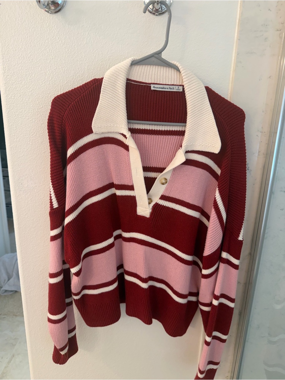 Abercrombie & Fitch Pink and Burgundy Striped V-Neck Polo Sweater